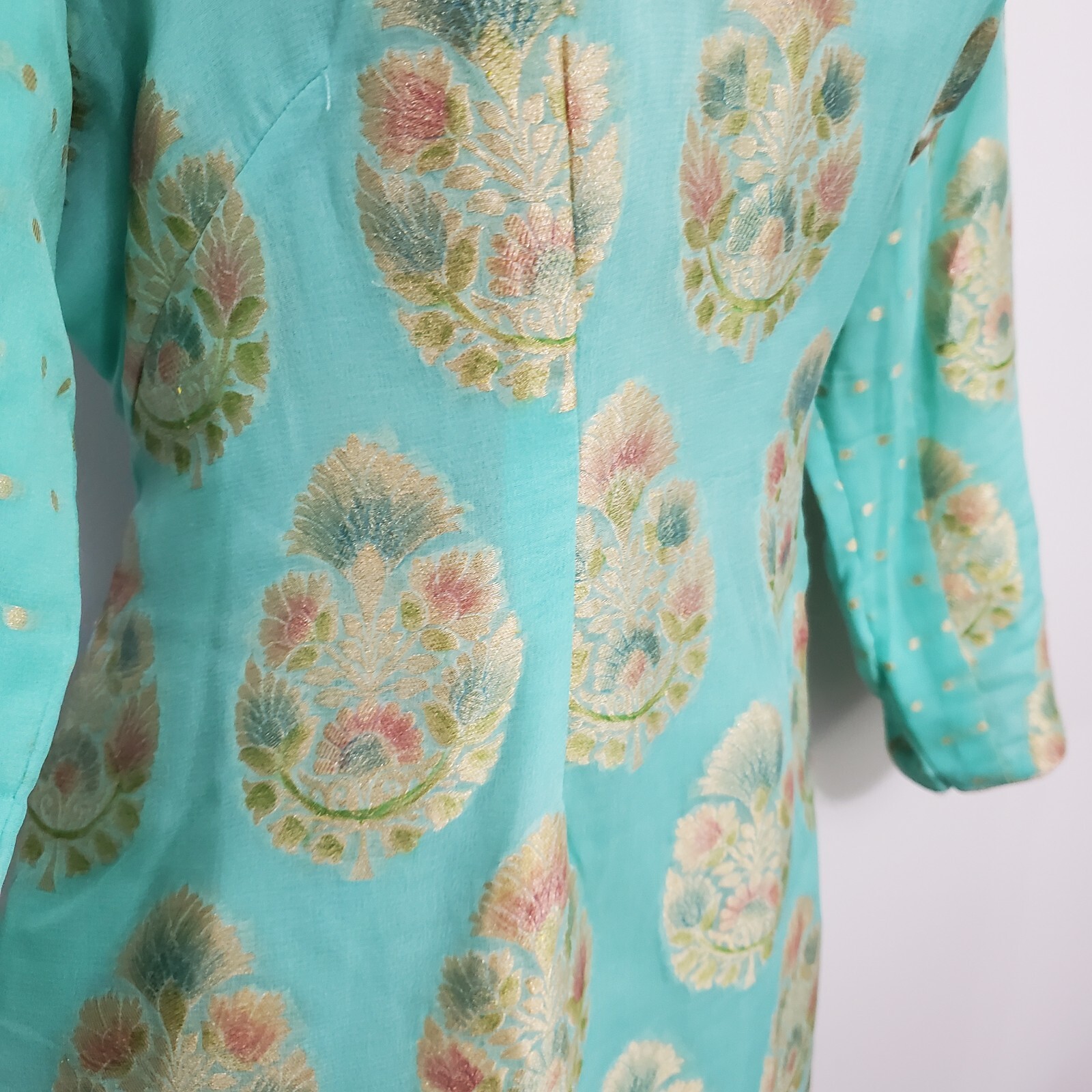 Handmade Kurta Tunic Style Mint Green Ethnic Boho Art LagenlookGold Trim