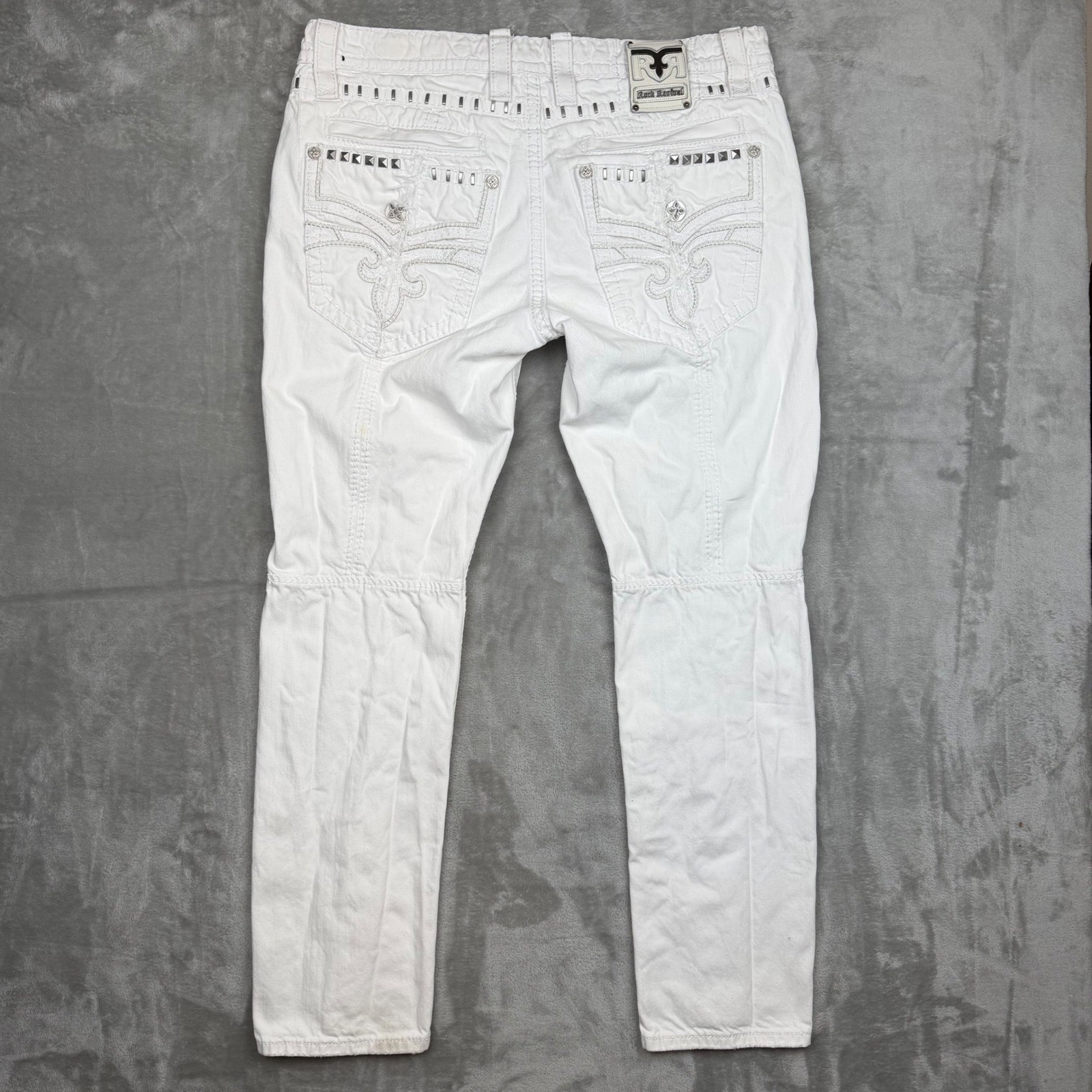 Rock Revival Rupert TA1 Mens 38 White Distressed Studded Straight Jeans