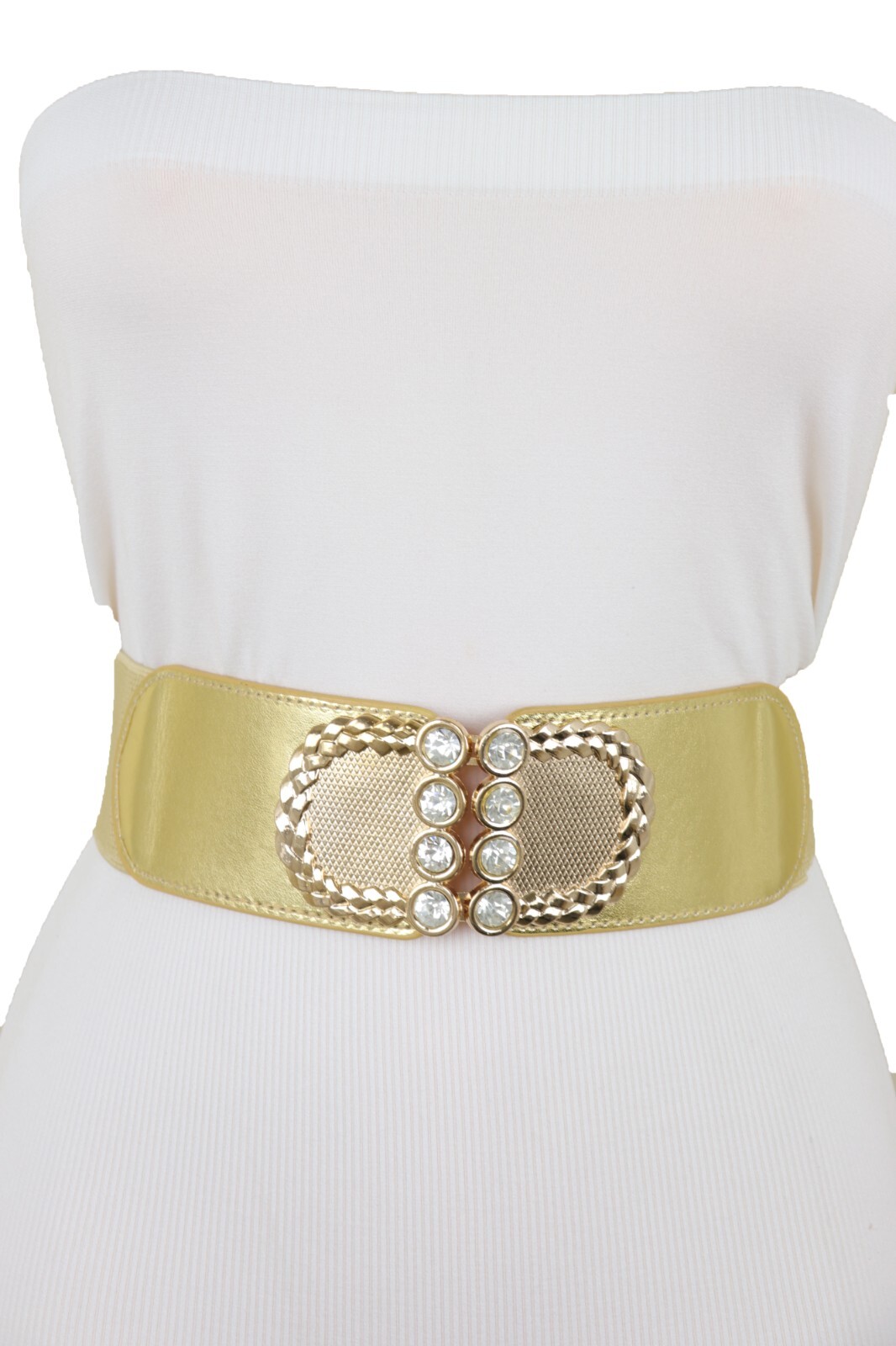 Women Gold Color Elastic Waistband Fabric Strap Fashion Belt Metal Buckle S M
