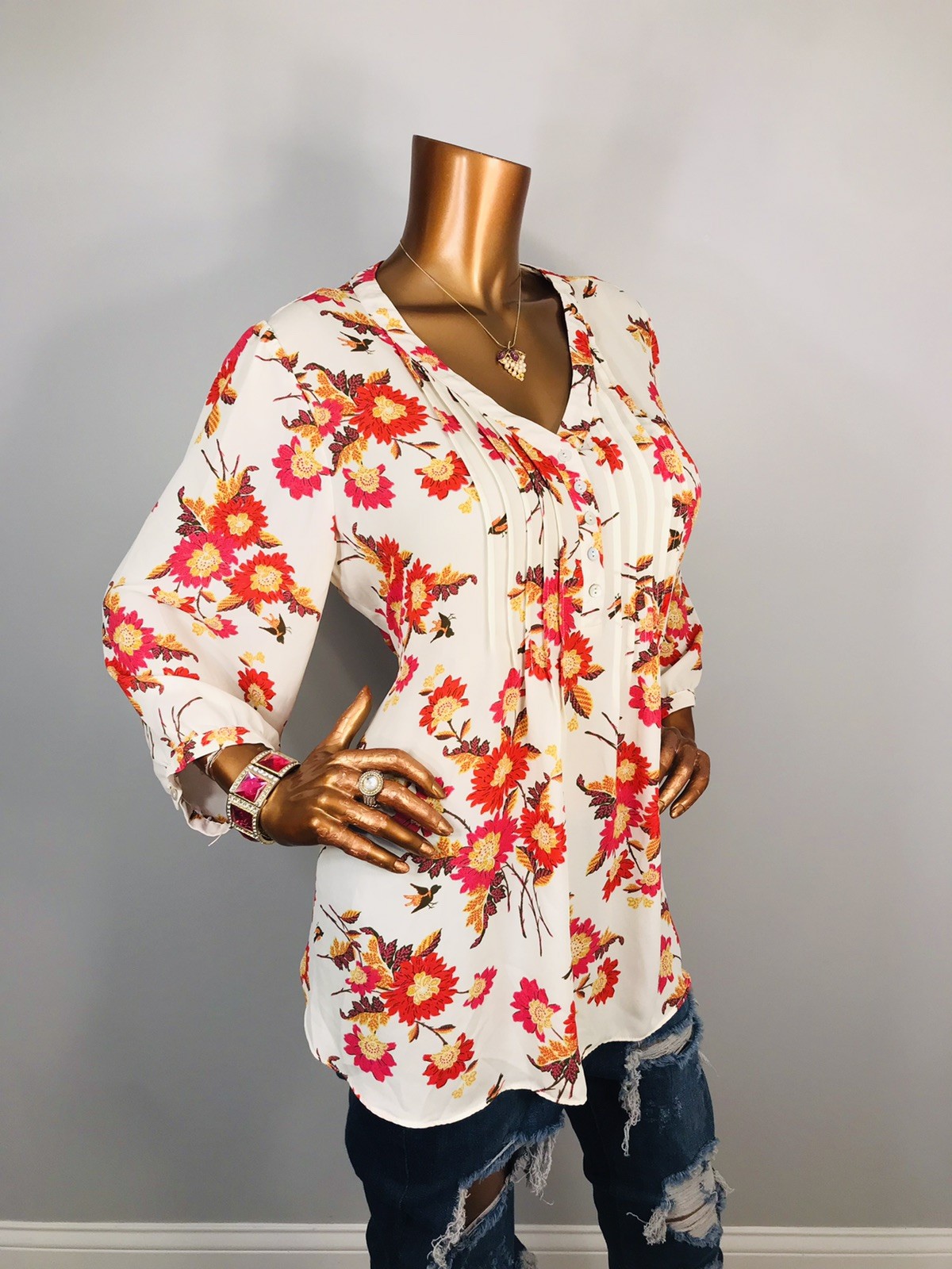 Rose + Olive 1X Plus Top Floral Fall Prints Low V Cut 1/2 Button Up Shirt 3/4 Sl