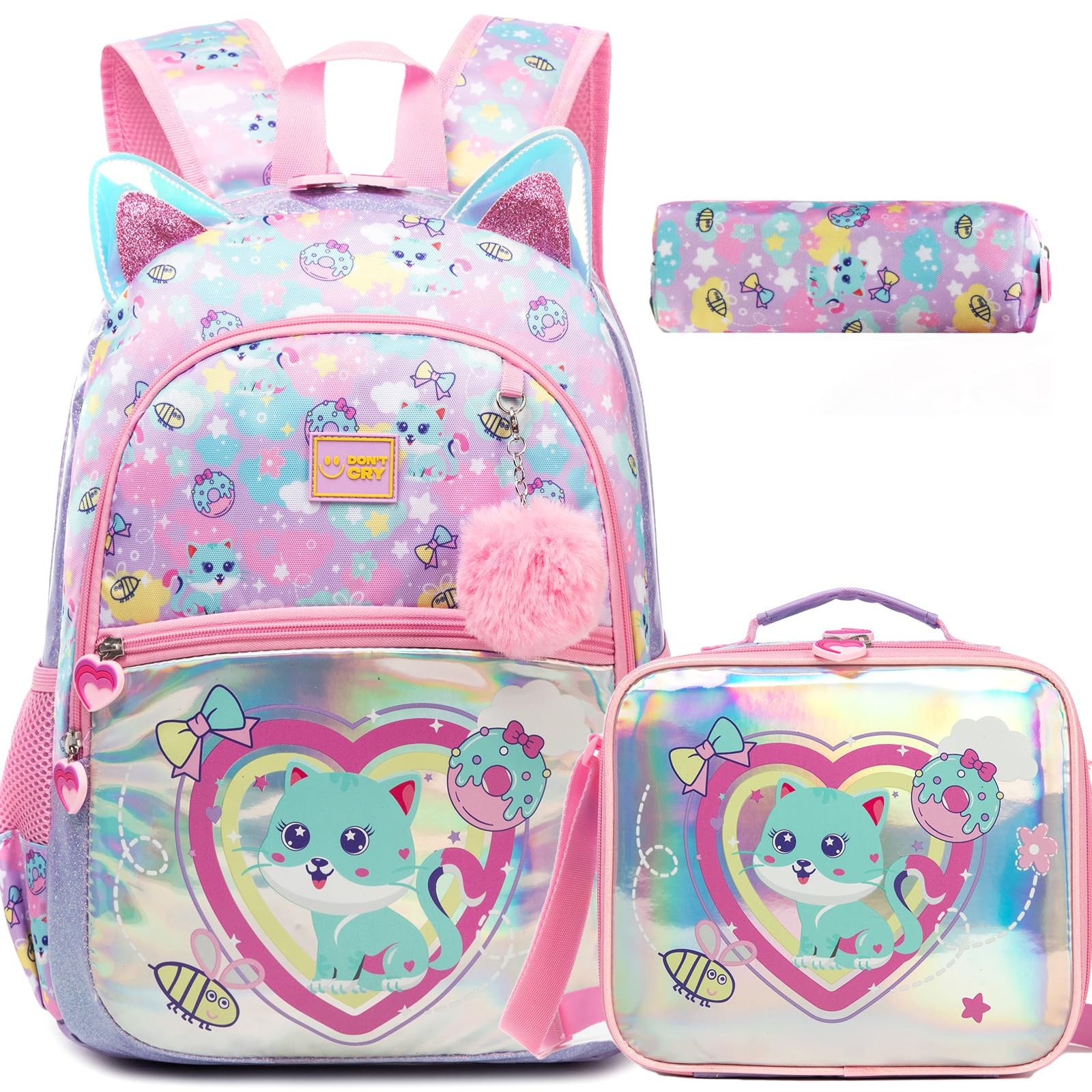School Backpack for Girls Kids Backpacks for Girls Bookbag with Lunch Box Cat…