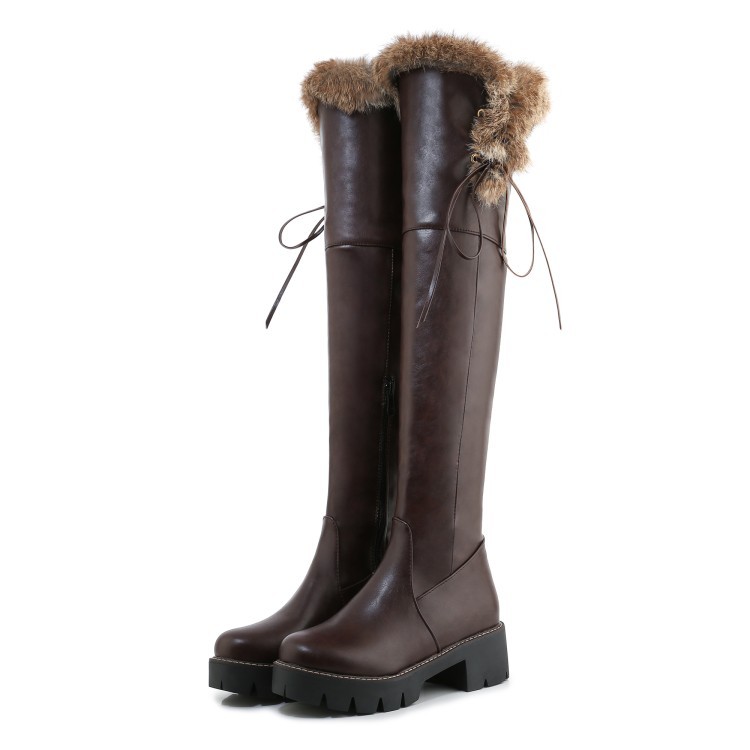 Winter Women’s Lace Up Furry Over The Knee High Long Boots Zip Mid Heel Shoes