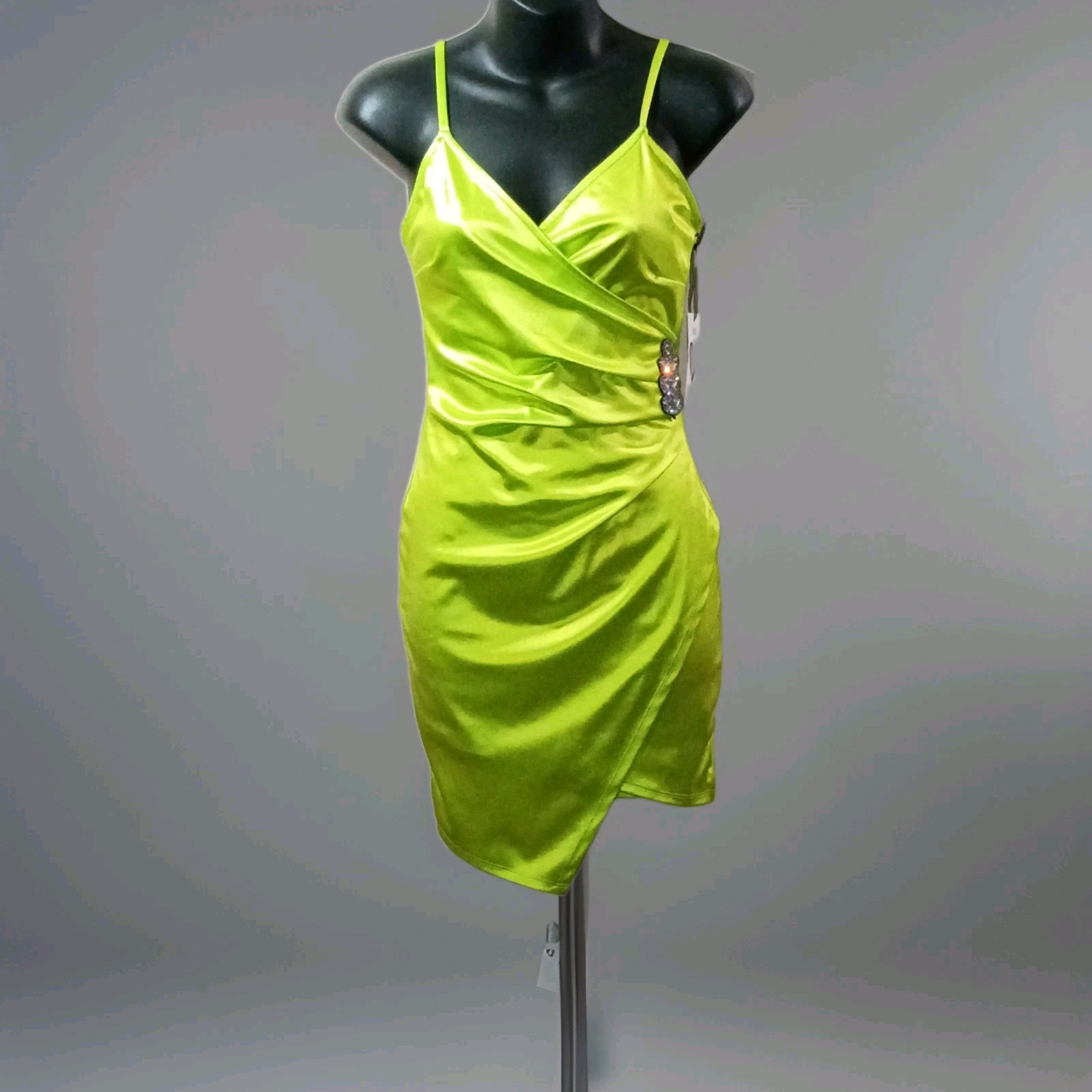 IRIS Slip Dress Green Satin V-Neck Spaghetti Straps Asymmetric Rhinestone S