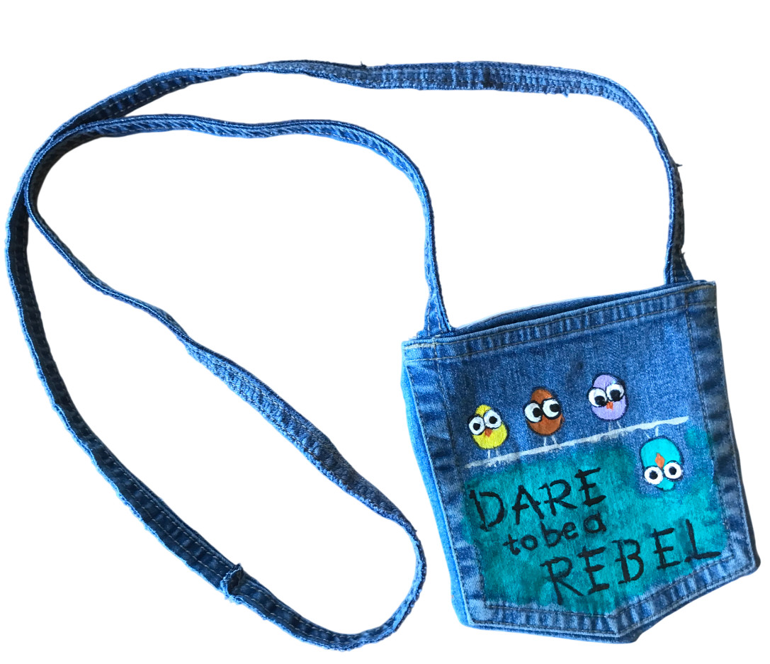 Crossbody Jean Purse, Handmade Over Shoulder Cell Phone Bag, Whimsical Birds