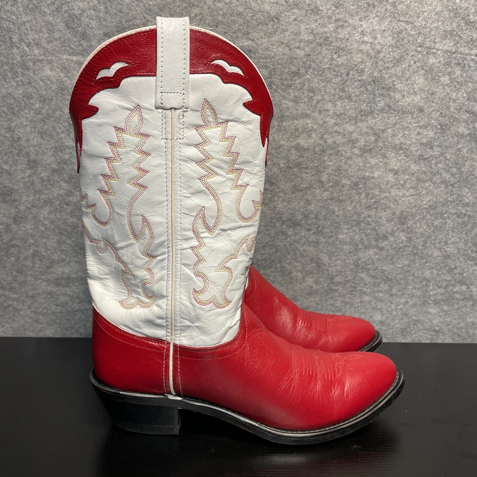 Vintage Western Cowboy Boots Women’s 8.5 Red White Leather Pull On Pointed Toe