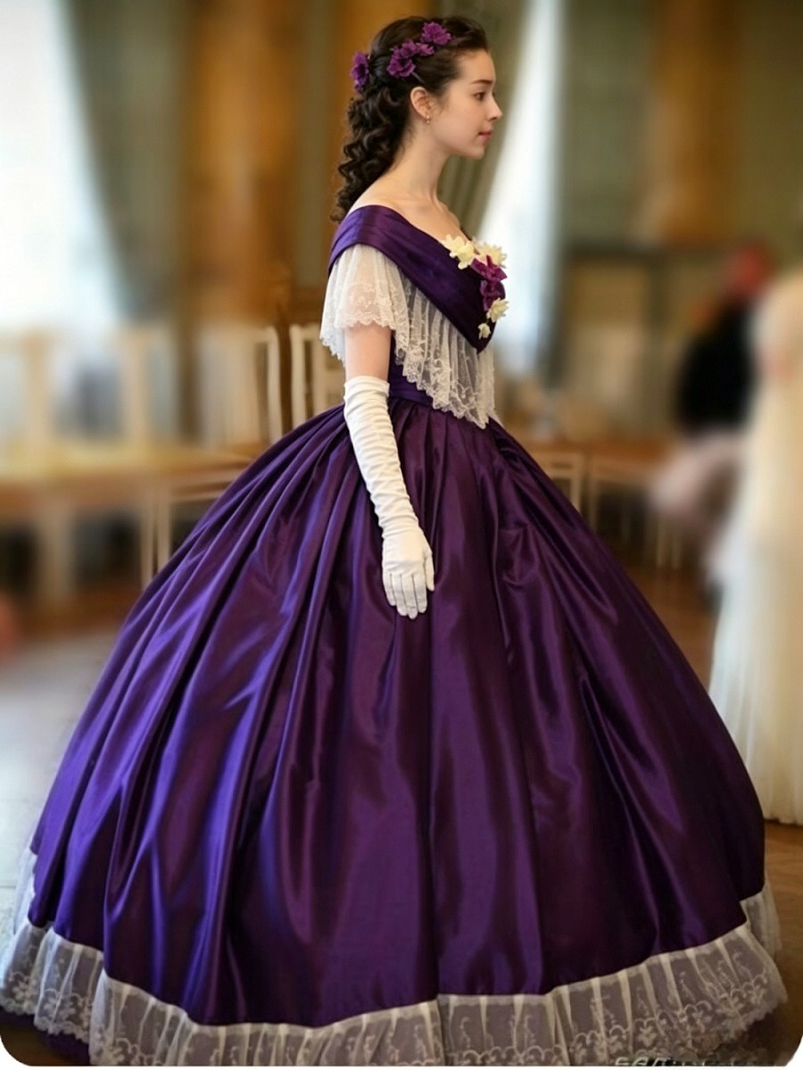 Victorian Purple Satin Lace Off-Shoulder Ball Gown Historical Costume Dresses