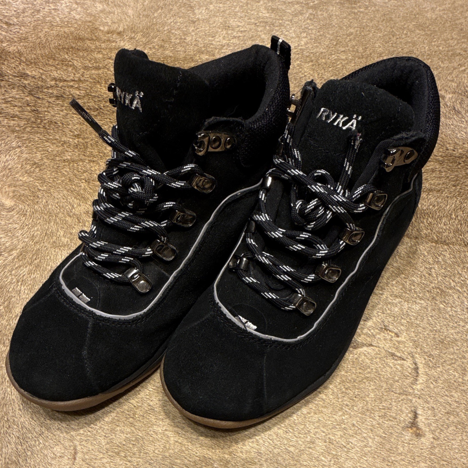 Ryka Terrain Hiking Ankle Boots Black Suede Leather US 7.5W Waterproof Lace Up