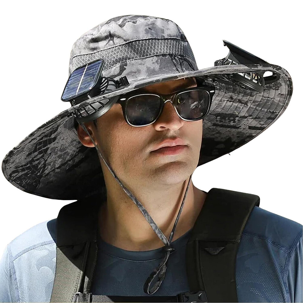 Wide Brim Sun Hat with Fan Solar & USB Powered UV Protection for Camping Fishing