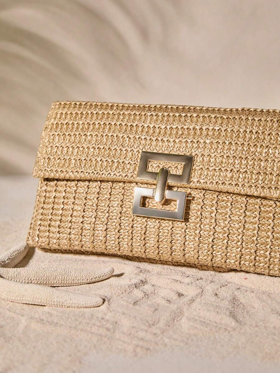 Woven Straw Flap Clutch Bag Medium Turn-Lock Chain Shoulder Purse Vacation