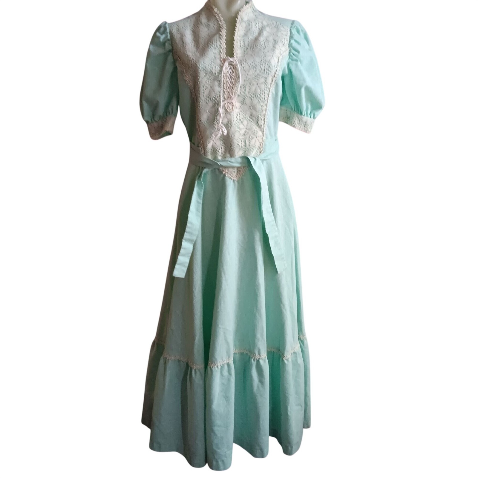 True Vintage Prairie Maxi Dress sz 8 1970s Boho 1OF1 Lace Puff Sleeves Green