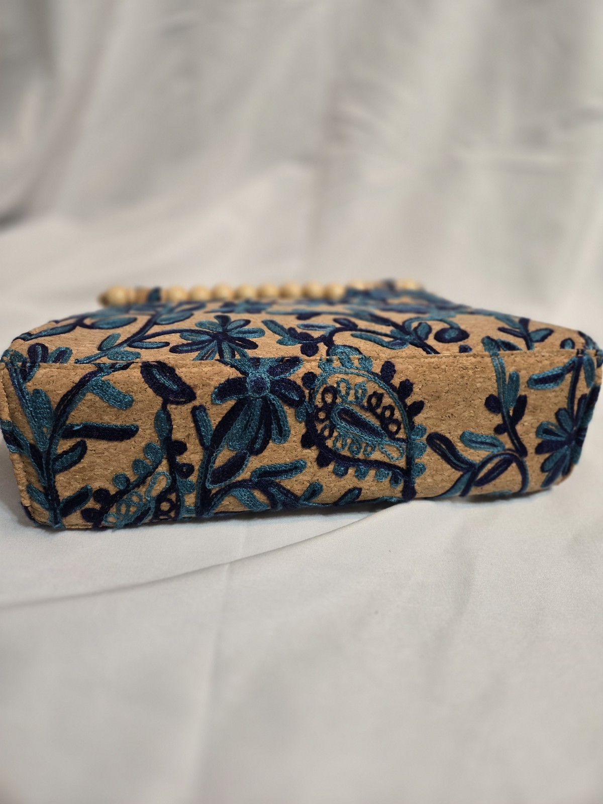 Women’s Tan Blue Floral Embroidered Beaded Top Handle Bag Wood Handle Lined