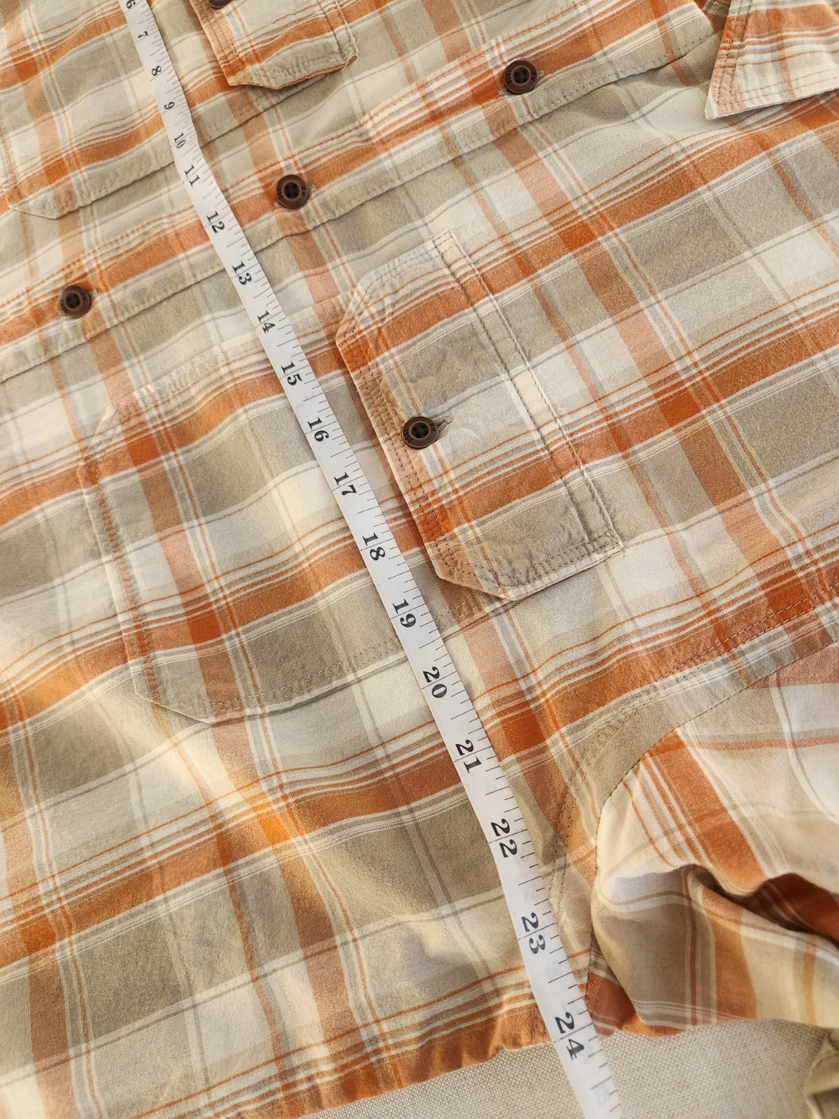 RedHead Men M Orange Beige Plaid Cotton Woven Short Sleeve Button-Up Pocket #043