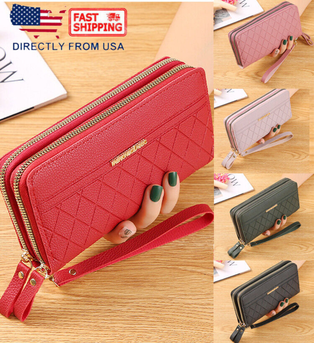 Women‘s Large Capacity Leather Wristlet Clutch Wallet Long Cell Phone Bag Zipper