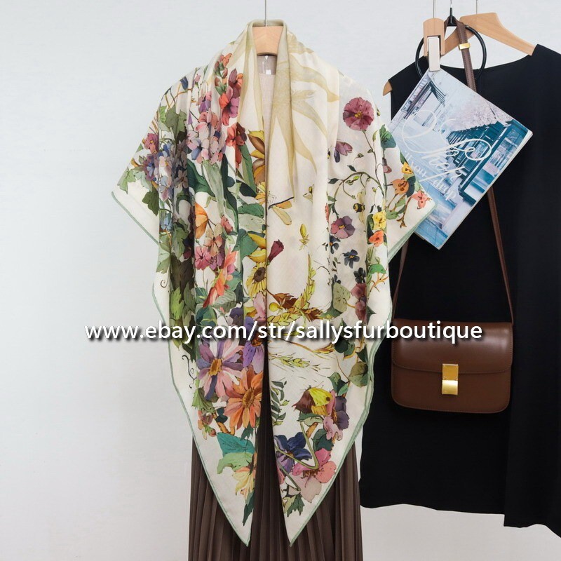 Sallys 70% Cashmere & 30% Silk Wrap Scarf Flowers Print Double Face Shawl 53″