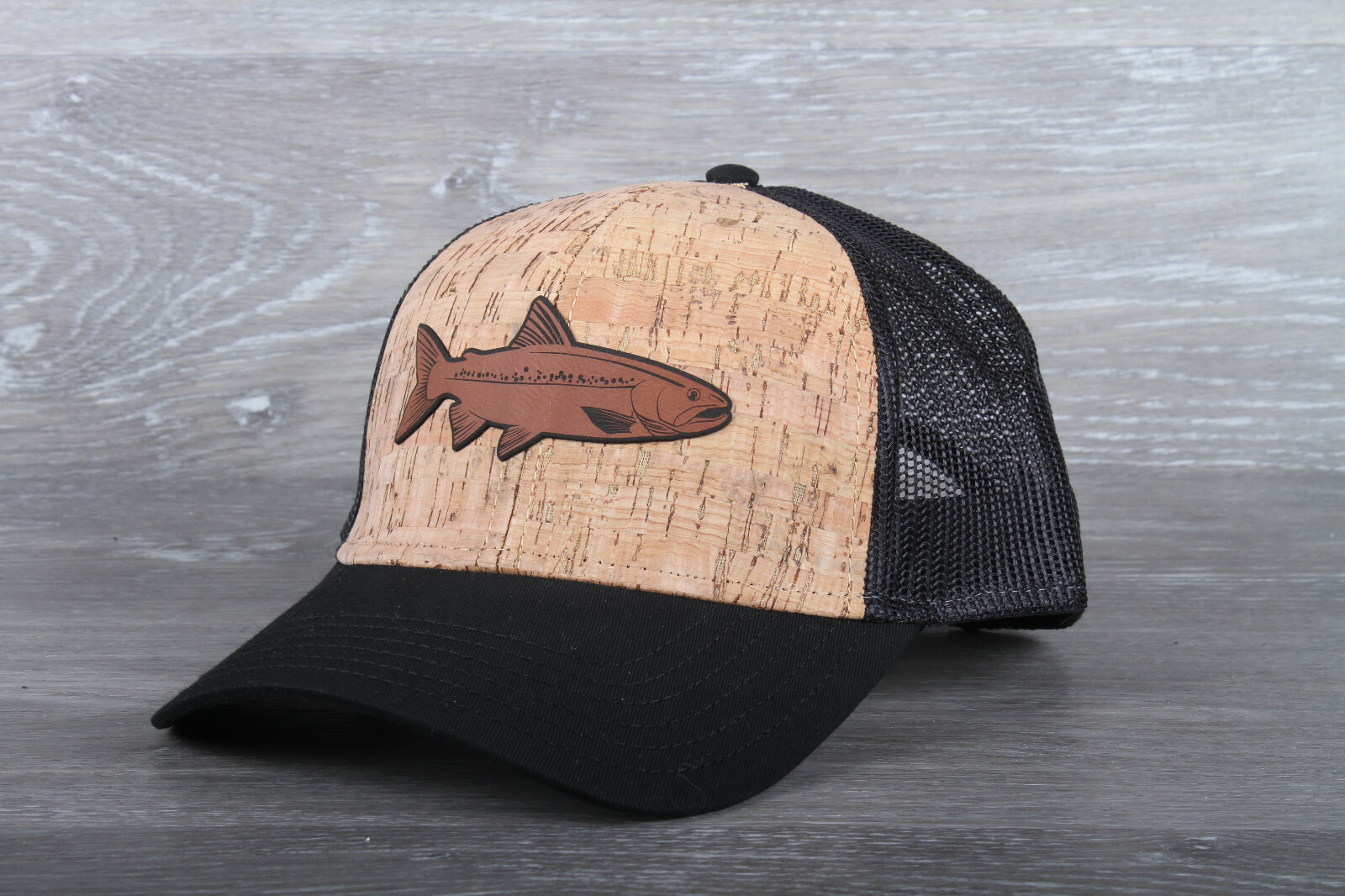Rainbow trout leather patch on an Otto 6 Panel Cork Mesh Back Hat