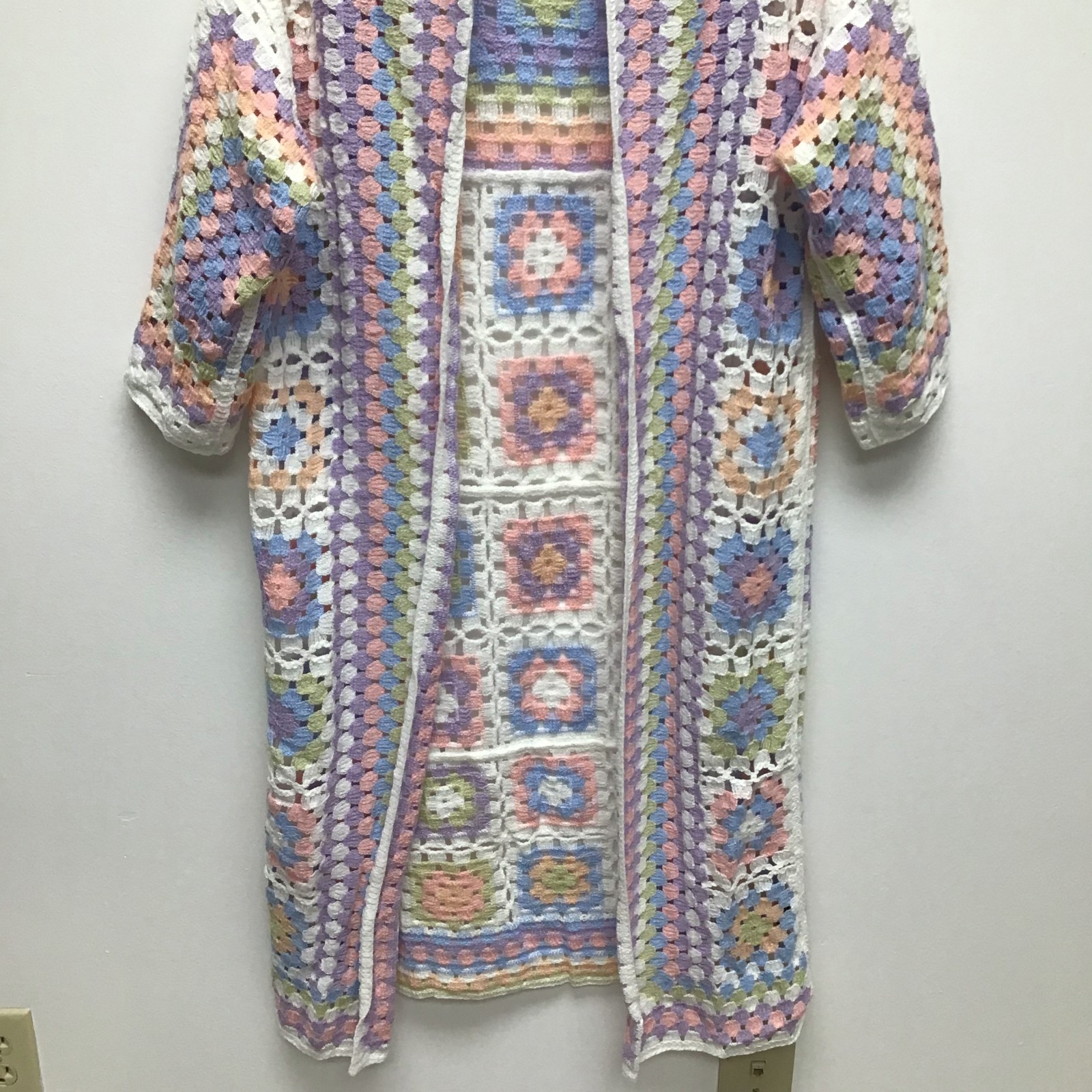 POL Pastel Crochet Cardigan Womens Granny Square Open Front Boho One Size NWOT