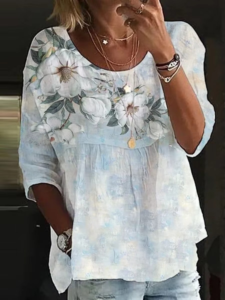 Womens Cotton Linen Floral Tunic Tops Blouse Ladies Boho Loose Summer T-Shirt