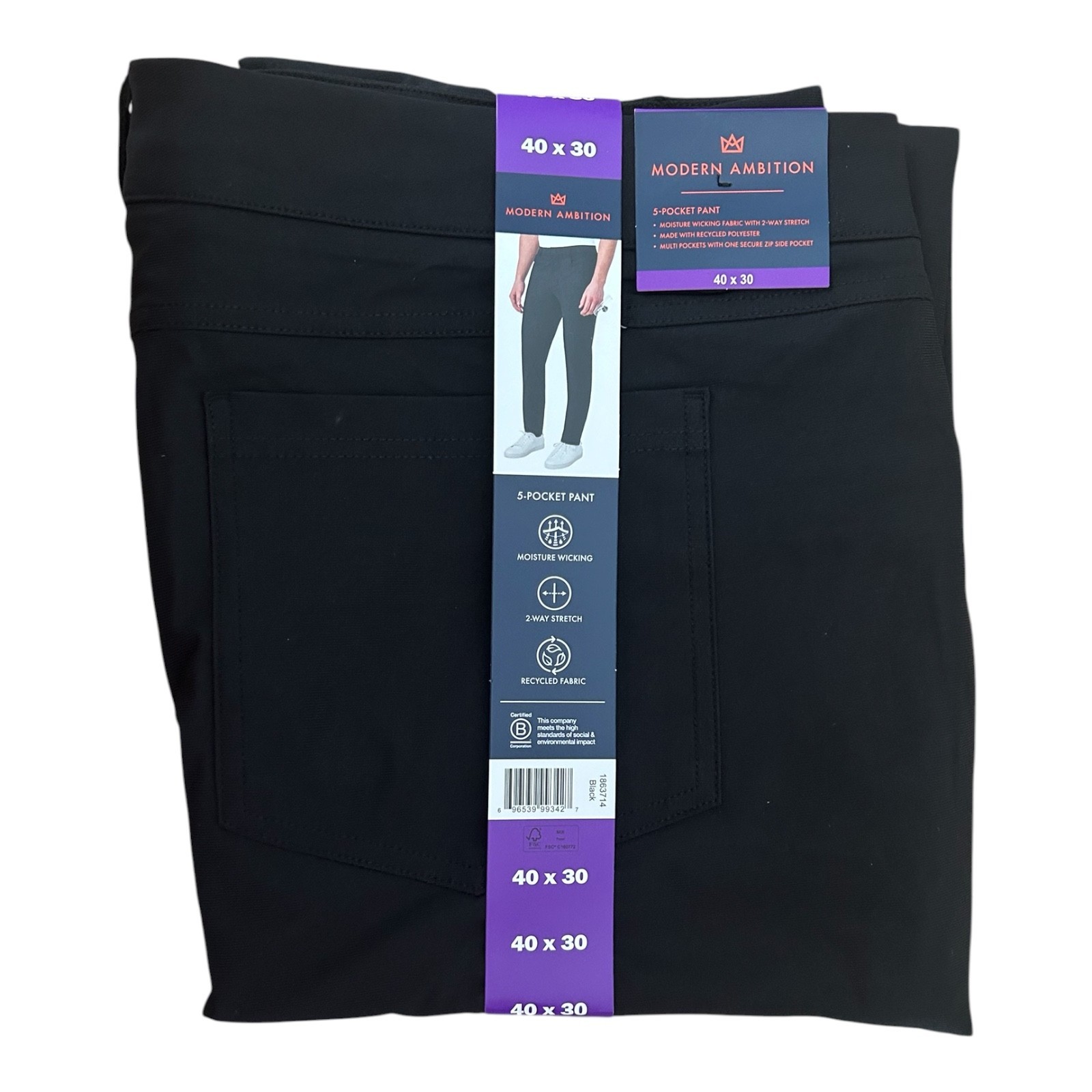 Modern Ambition Men’s 5-Pocket Pant Moisture Wicking Fabric Black Size 40×30
