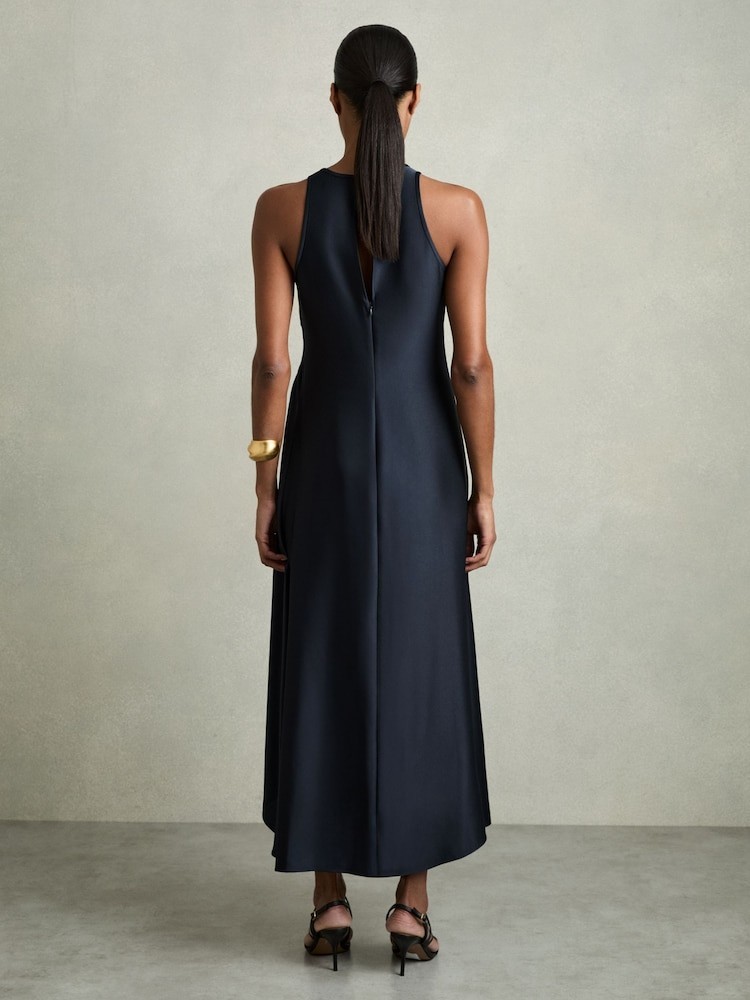 REISS Anessa Satin Shirred Midi Dress Navy UK Size 14