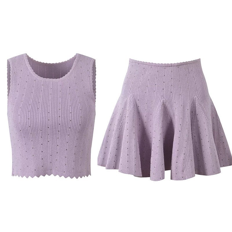 🎁🎁AUTHENTIC Sandro Women Sweet Round Neck Knit Purple Vest Skirt Suit Tops SML