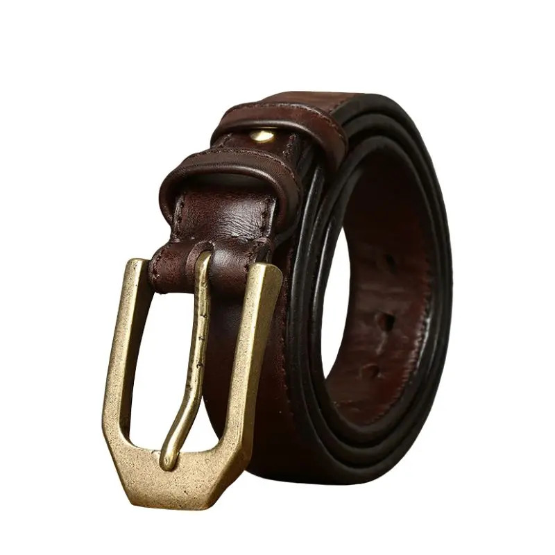 3.8CM Double Sided Full Grain Leather Belt Mens Pin Buckle Thick Cowhide Brass