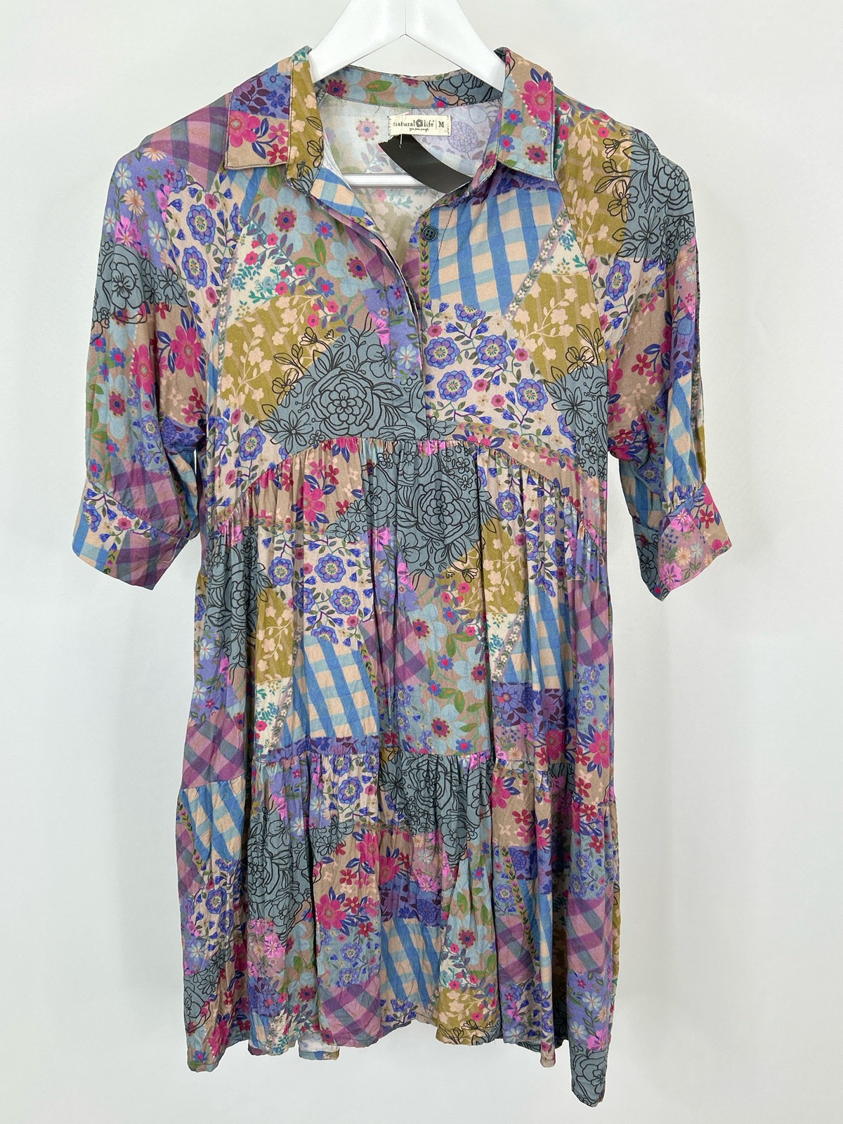 NATURAL LIFE Size M PURPLE AND BLUE Patchwork Women Becca Shirt Peplum Dress