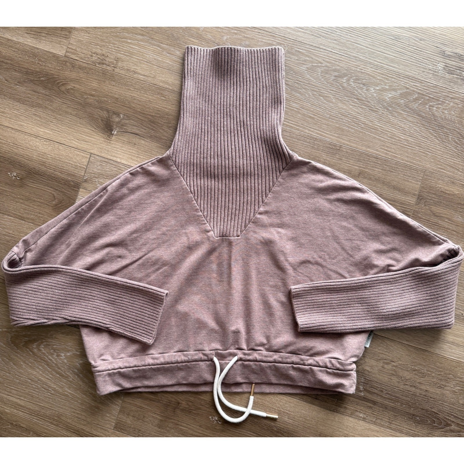 Varley Womens Turtleneck Sweatshirt Mauve Ribbed Knit Crop Drawstring Large