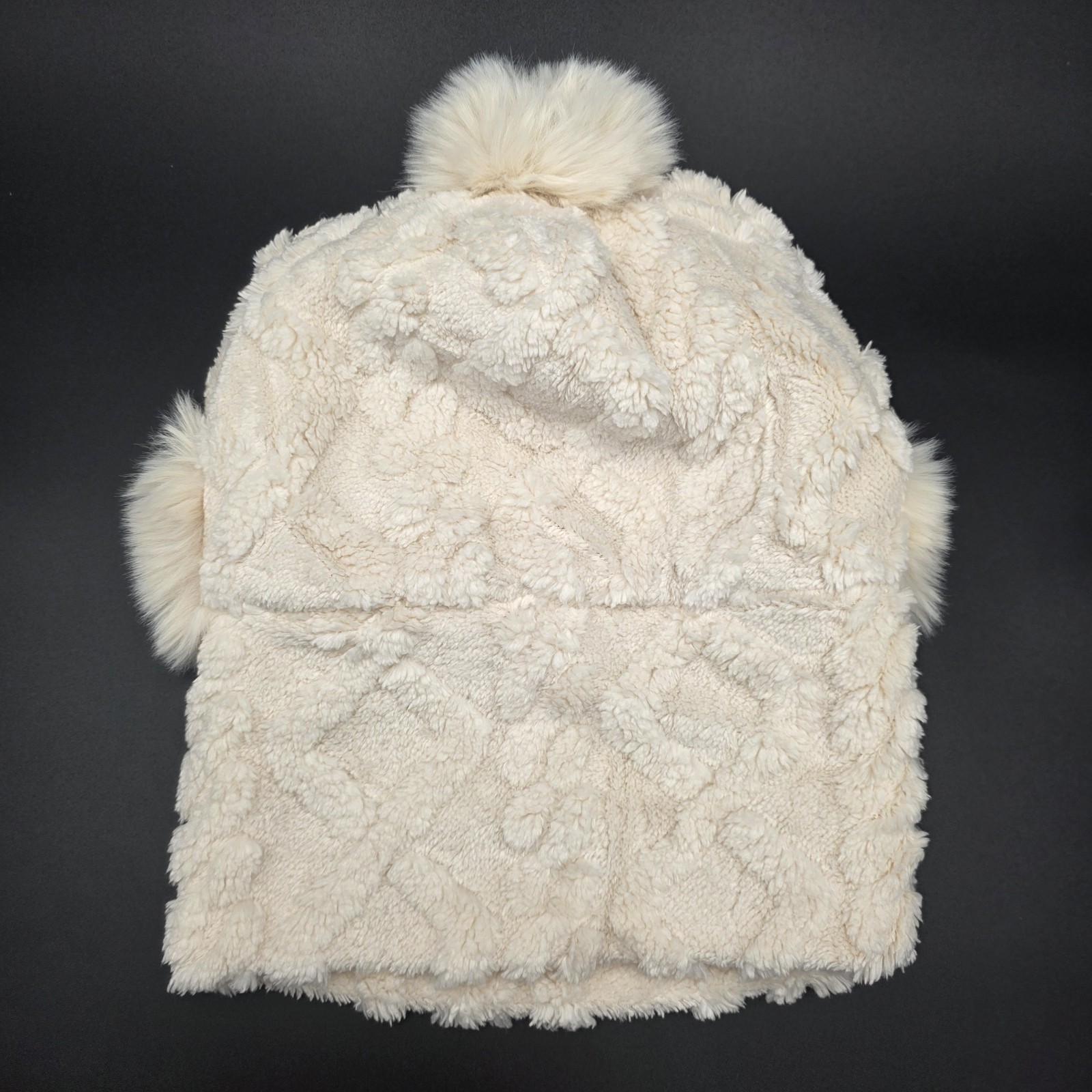 Ivory Winter Knit Soft Fluffy Balaclava Beanie Hat and Scarf Attached Ball Top