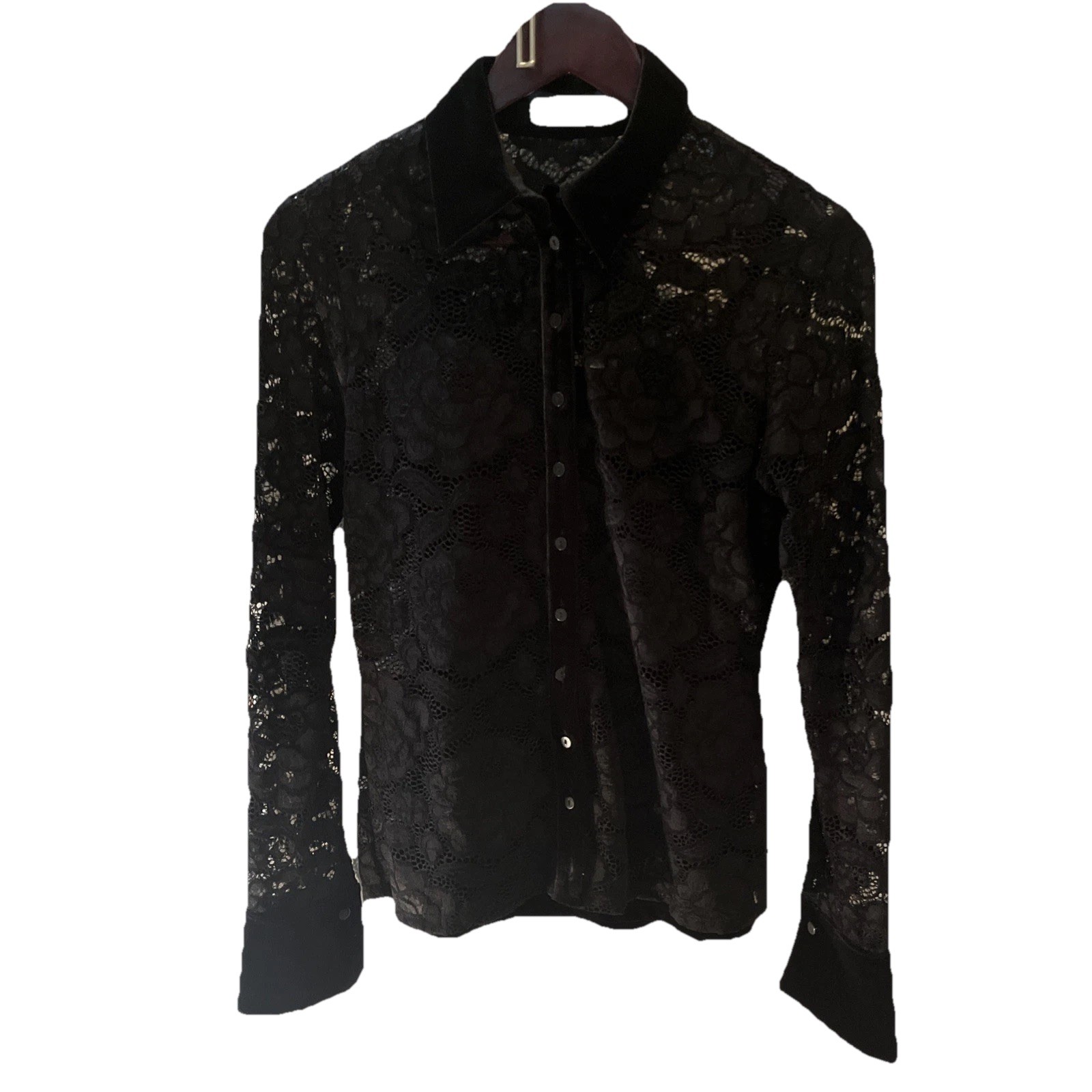 Anne Fontaine Black Lace Velvet Trim Blouse With Matching Velvet Camisole.