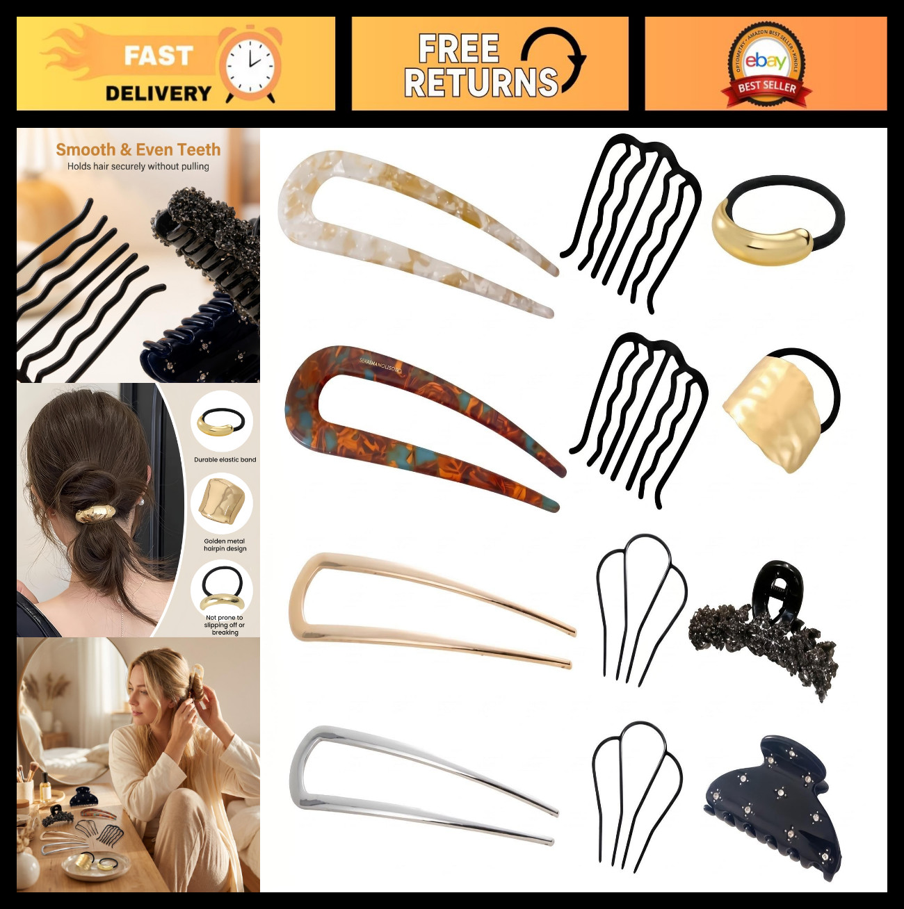 12 PCS U-Shaped French Hair Pins, Metal Side Combs for Updos & Ponytails, Elegan