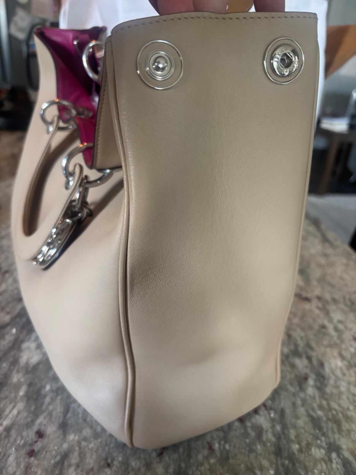 Authentic CHRISTIAN DIOR Diormissimo Tote Beige Taupe Fuchsia Interior