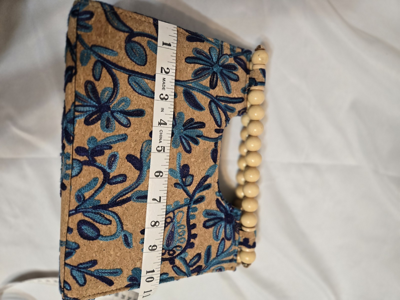 Women’s Tan Blue Floral Embroidered Beaded Top Handle Bag Wood Handle Lined