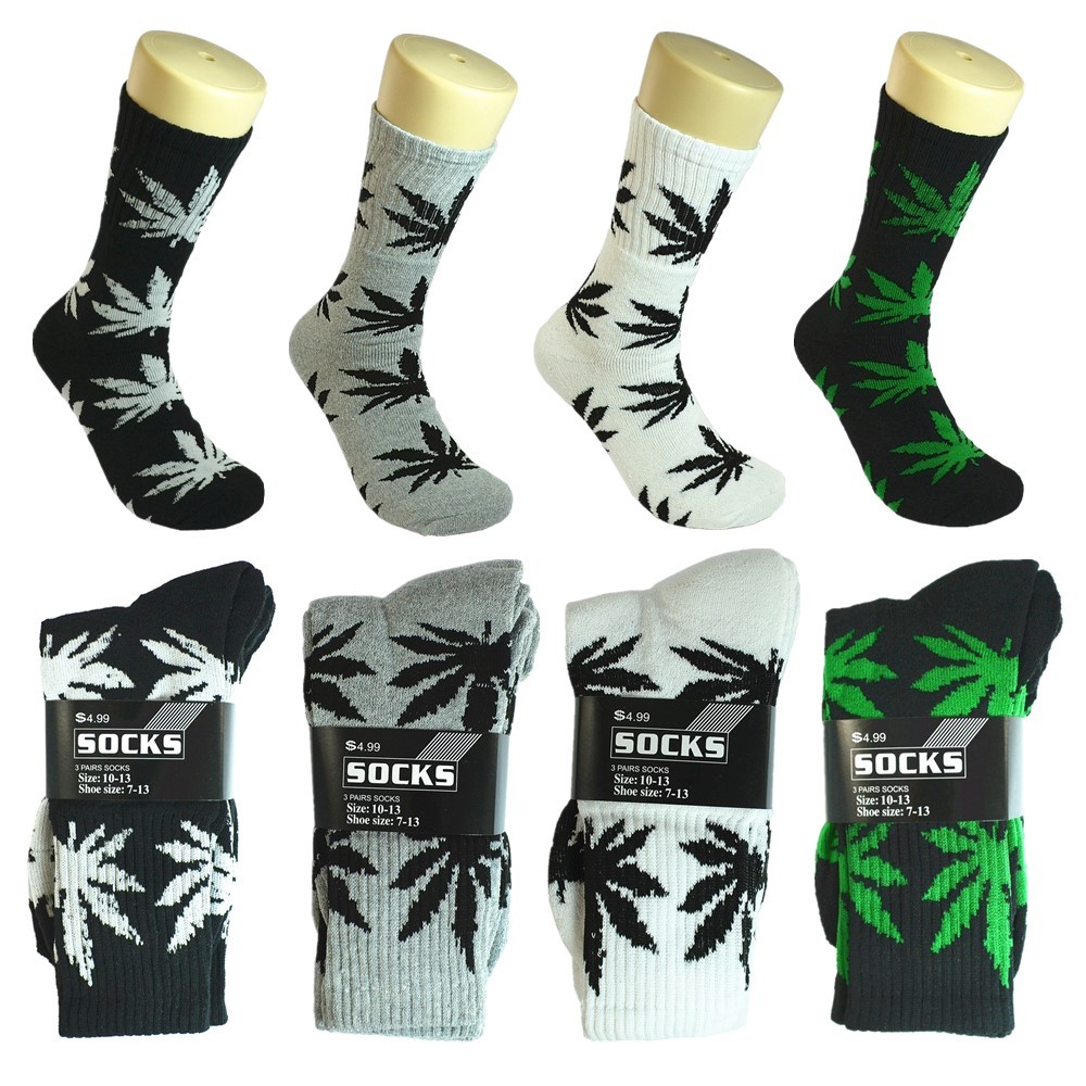 3 Pairs Men Sports Leaf Weed Marijuana Crew Cotton Long Socks Size 9-11 10-13