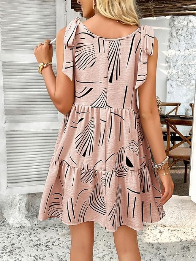 Women’s Boho Floral Ruffle Mini Dress Shoulder Tie Babydoll Pink, Size Medium