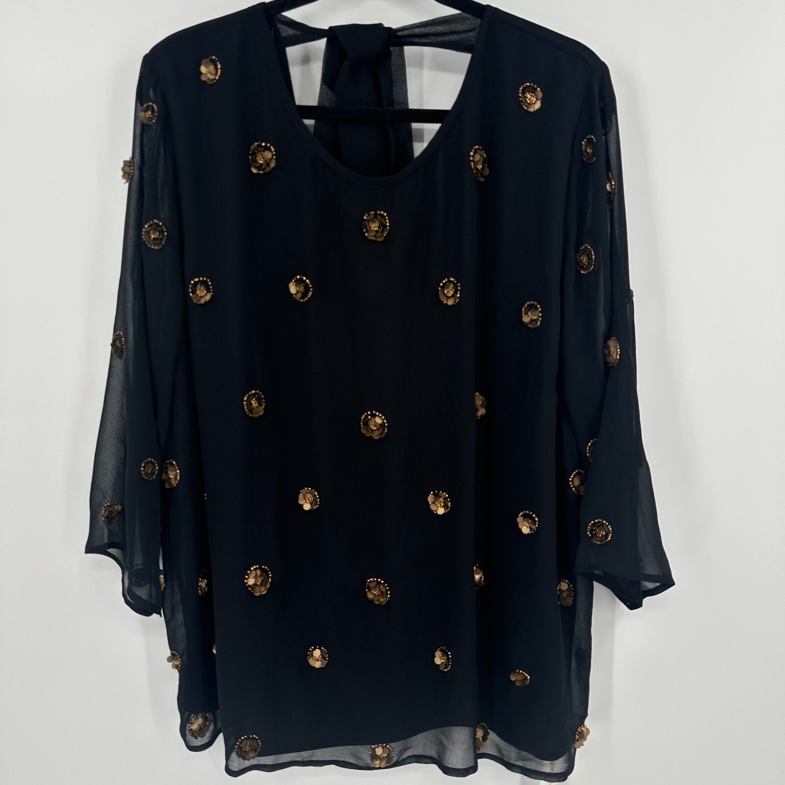 Joanna Hope Blouse Top Women’s 24 Black Chiffon Embellished Layered Back Tie