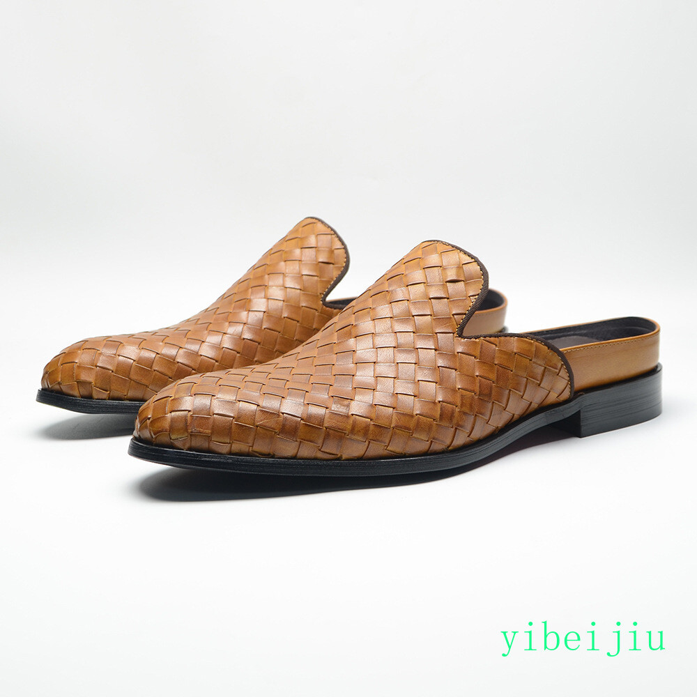 2026 Mens Real Leather Weave Woven Slipper Dress Slide Shoes Slip On Sandals Man