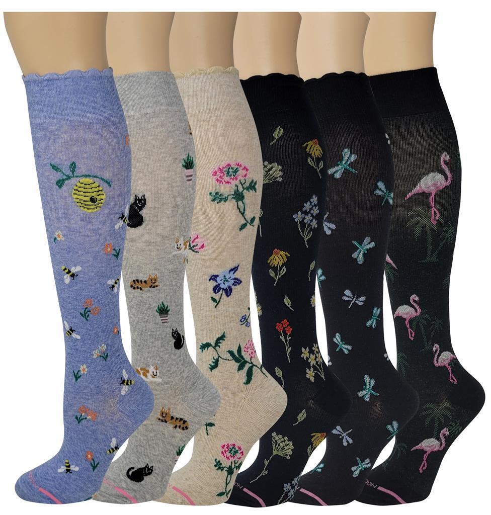 Dr. Motion Women 6 Pairs Assorted Novelty Gradated Compression Knee High Socks