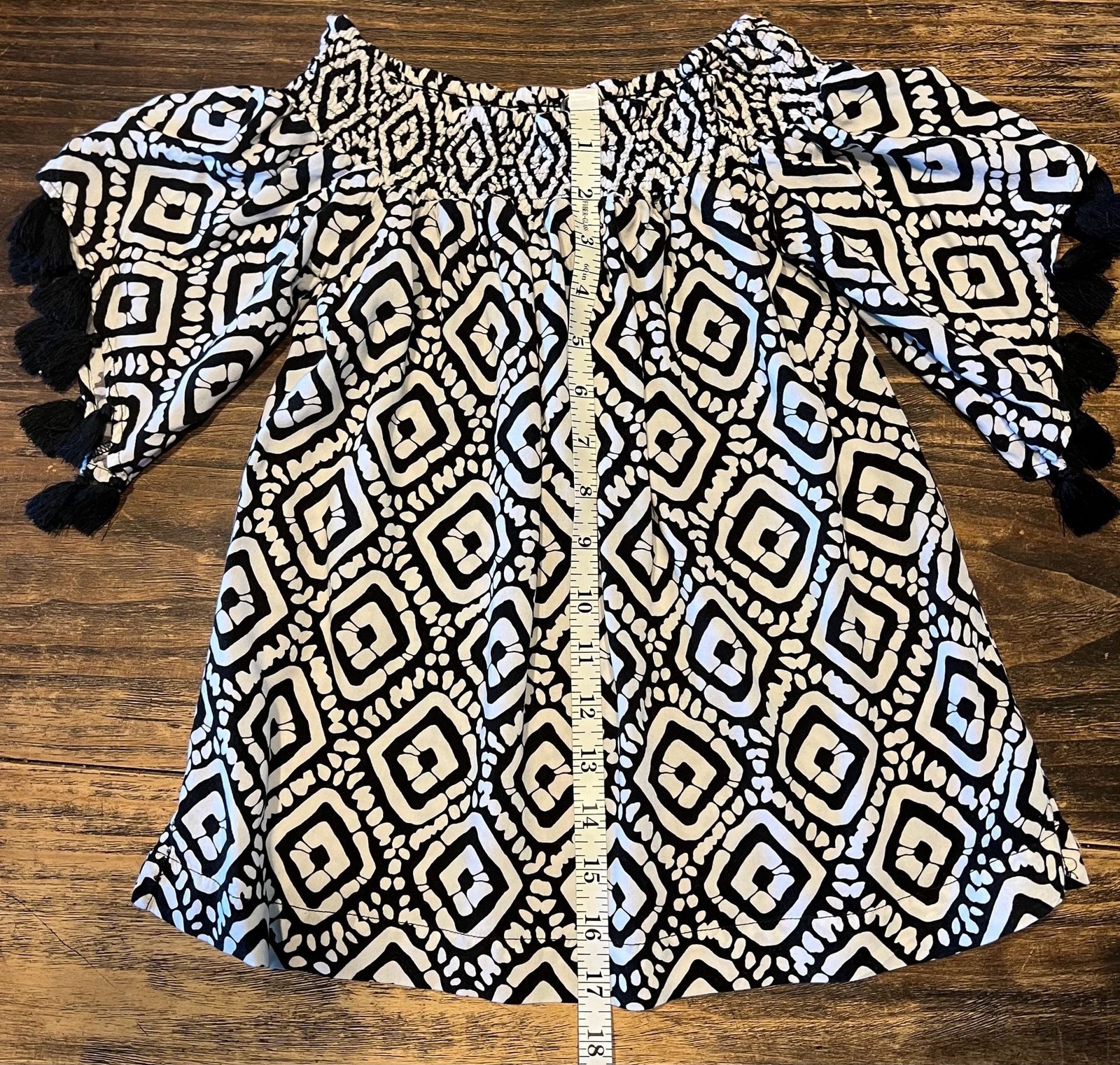 Escapada Living Smocked Geo Print Tassel Sleeve Blouse