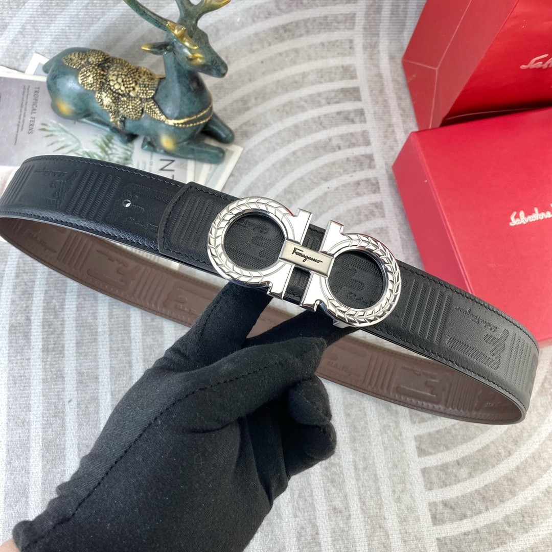 Ferragamo Handcrafted Leather Belt Reversible width 3.8cm/1.5inch Silver Buckle