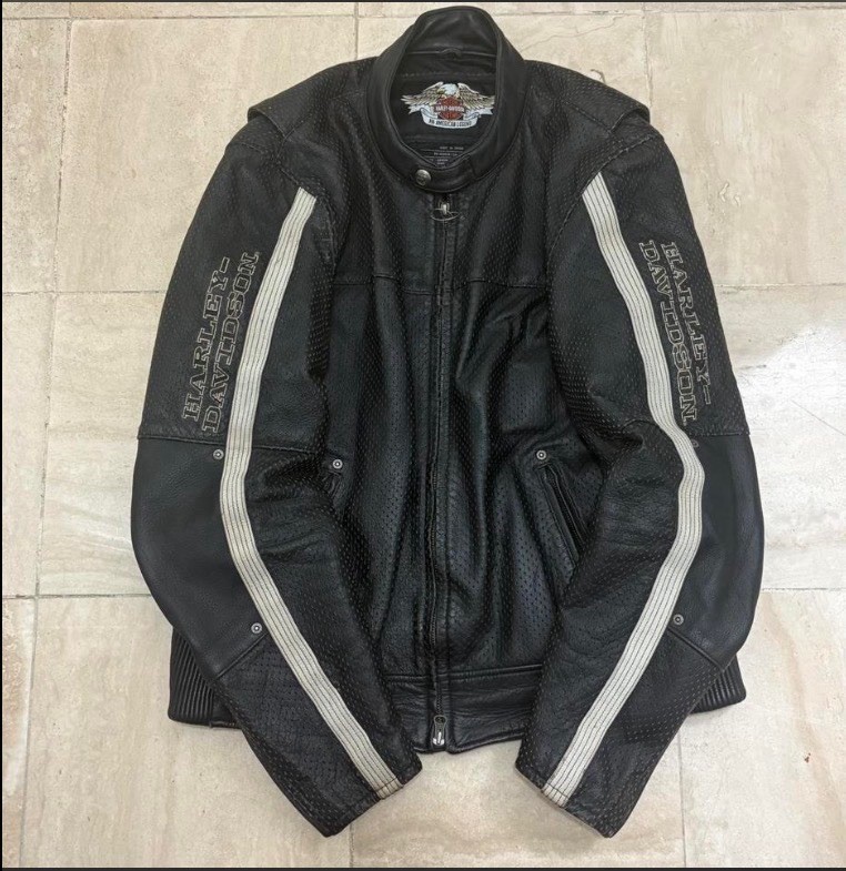 Harley-Davidson Perforated Genuine Leather Moto Jacket XXL Black White Stripe