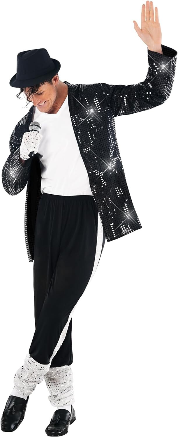 Men`s King of Pop Costume Adult 80s MJ Moonwalking Popstar Black Outfit M – 3XL