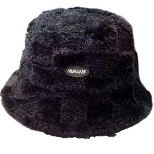 Women’s Black Faux Fur Bucket Hat IMMUNE Patch Winter Warm Fluffy Knit Cap