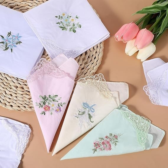 Vintage Floral Lace Handkerchiefs 12Pc Cotton Embroidery Hankies Wedding Gift