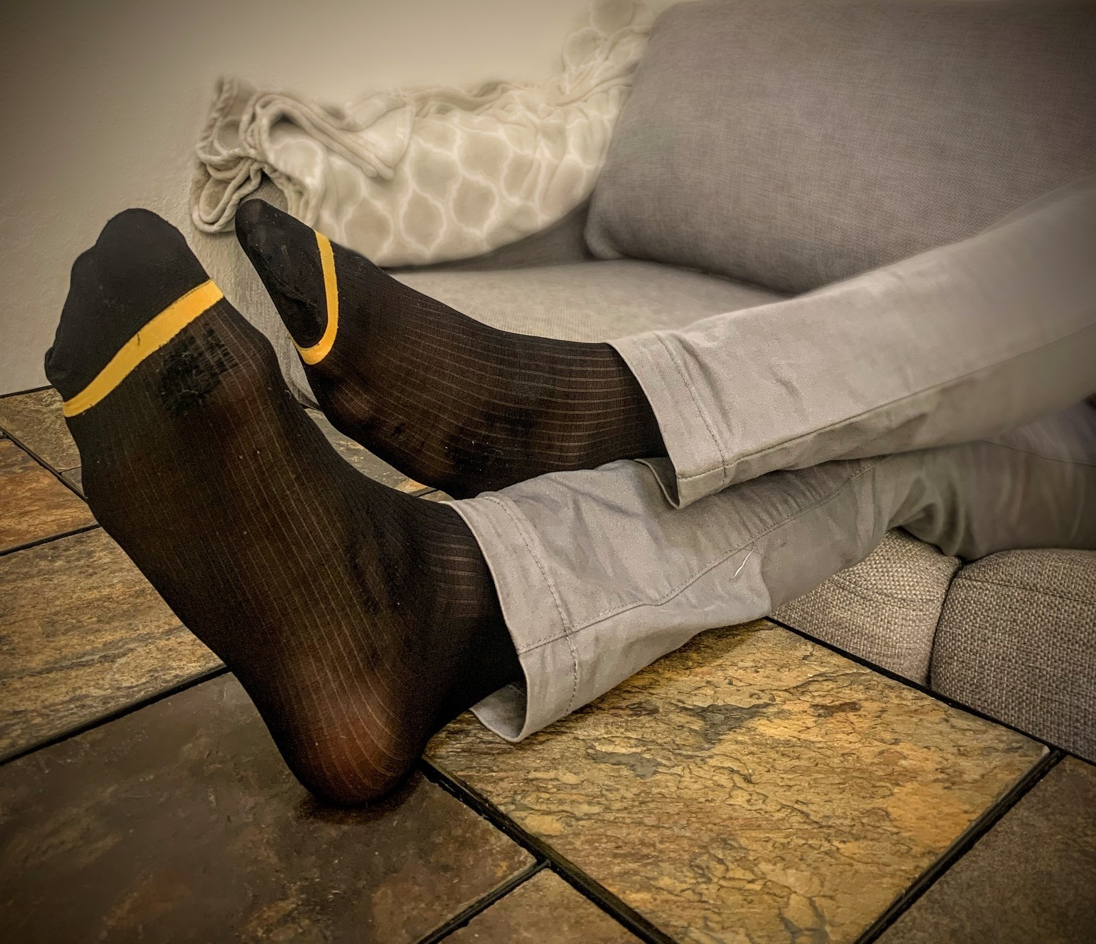 Men’s Ultra-Thin Sheer Socks, Black with Yellow Stripe on toes, One Size