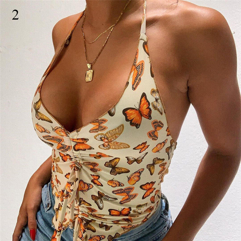 Summer New Women Halter Sexy Low-Cut Fashion Print Slim Tank Top Camisole Vest