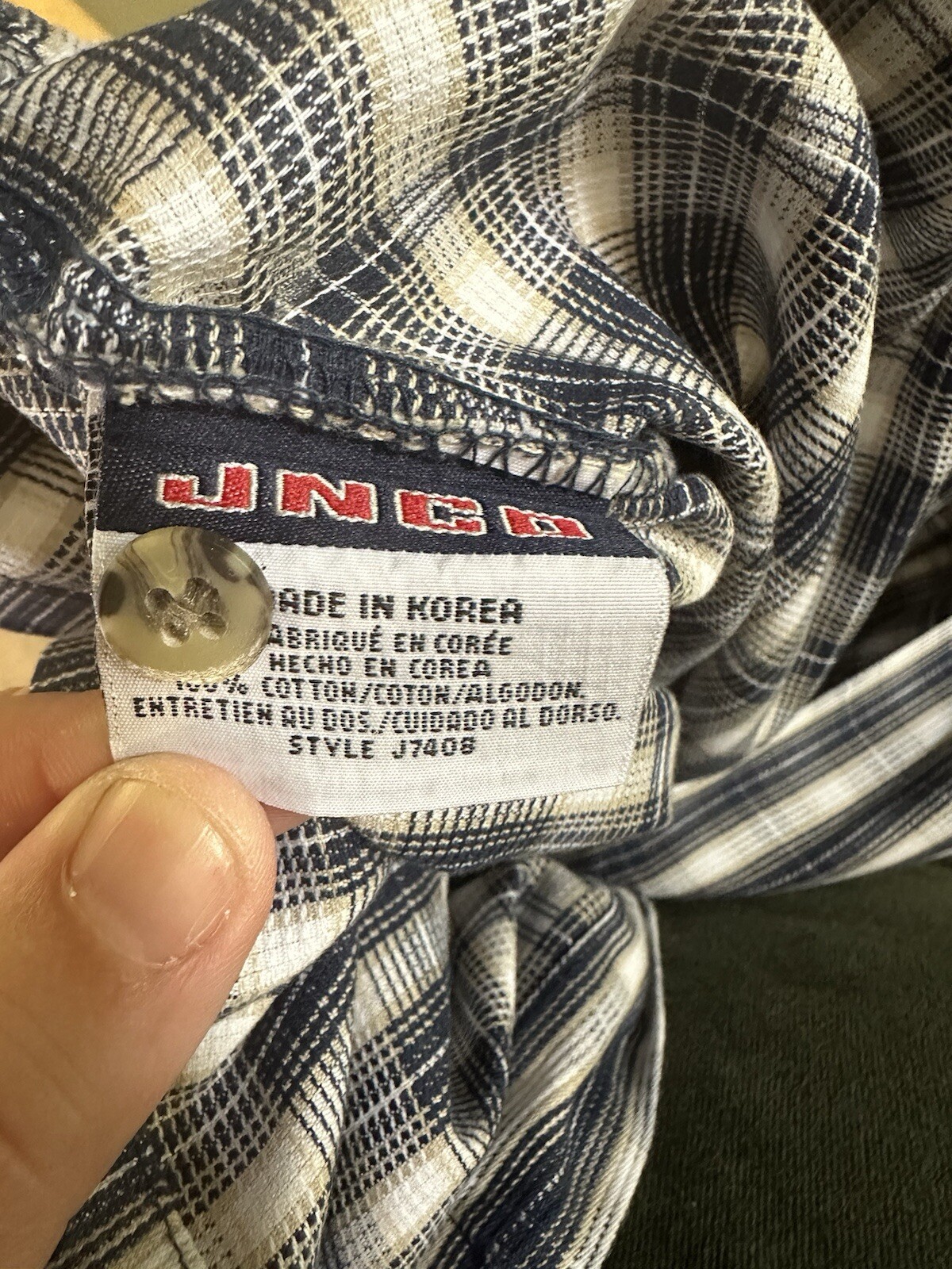 JNCO Men’s Button Up Shirt Blue Beige White Plaid XL Vintage Baggy Y2K Street
