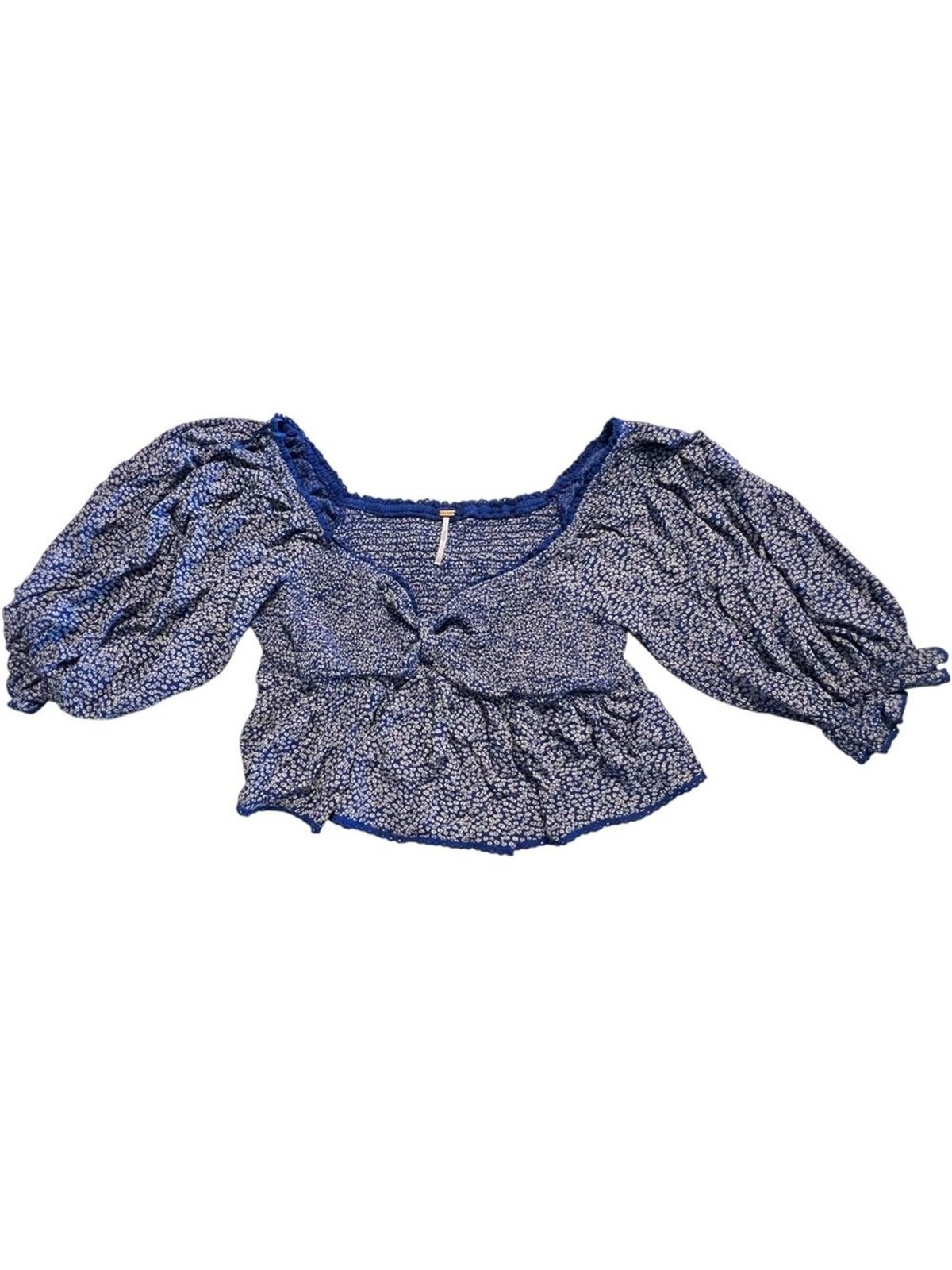 FREE PEOPLE Britnee Blue White Floral Smocked Peplum Puff Sleeve Top 📐L