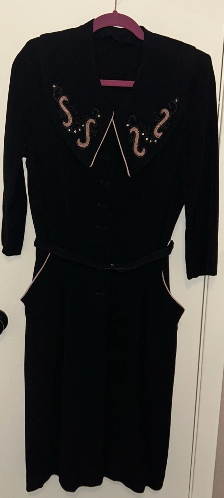 Vintage 50s 60s Belted Dress Black w/ Pink Piping Rhinestones Retro Rockabilly