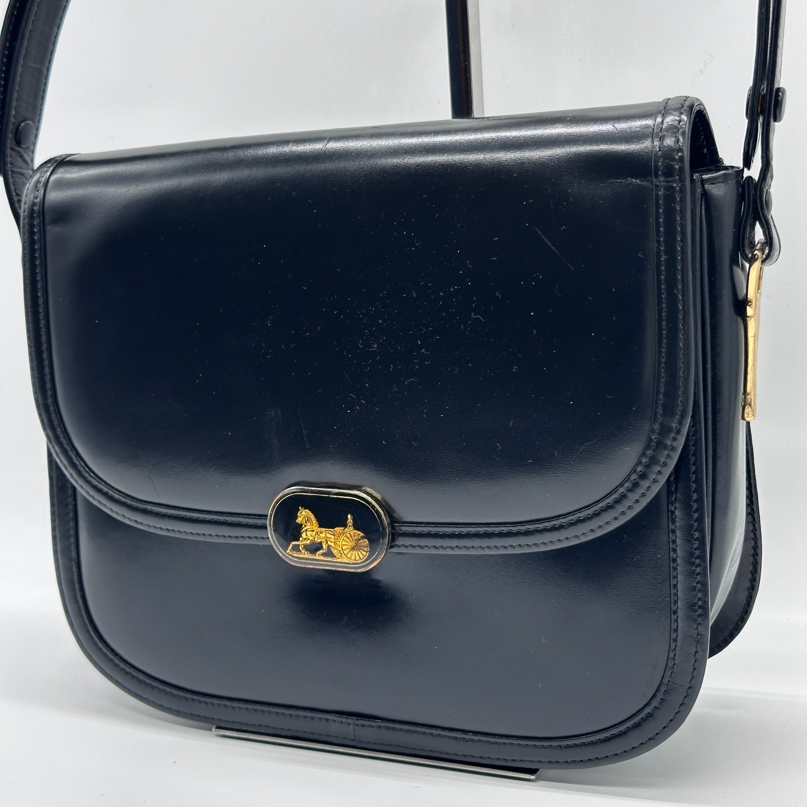 CELINE Shoulder Bag Handbag Horse Black Leather Carriage Purse Vintage Authentic
