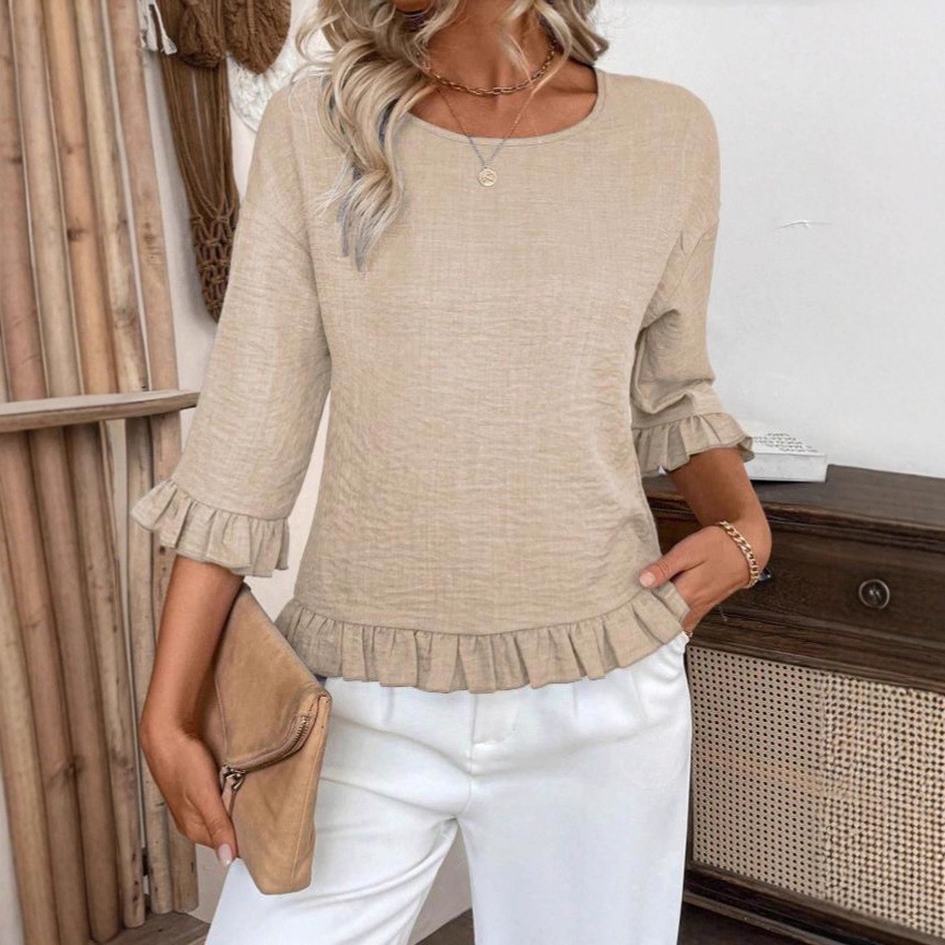Round Neck Ruffle Sleeve Loose Casual Blouse Top